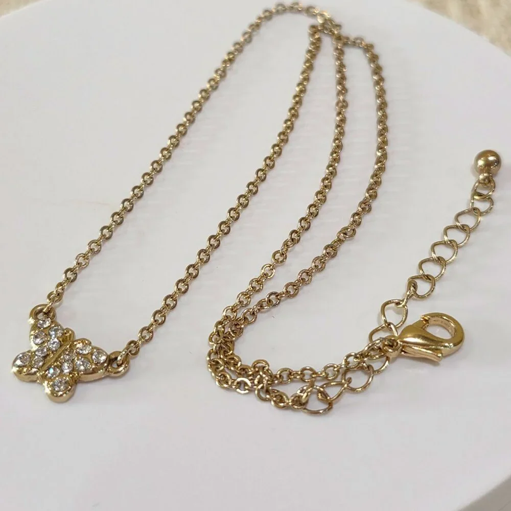 Gold Butterfly Pave Rhinestone Small Gold Chain Pendant Necklace Dainty Small - Picture 8 of 10